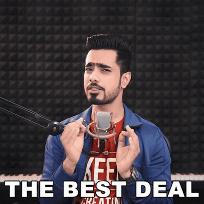 A Man Singing Into A Microphone With The Words " The Best Deal " Above Him GIF