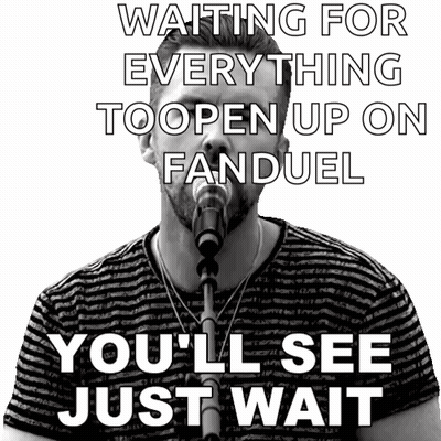 A Man Singing Into A Microphone With The Words Waiting For Everything To Open Up On Fanduel GIF