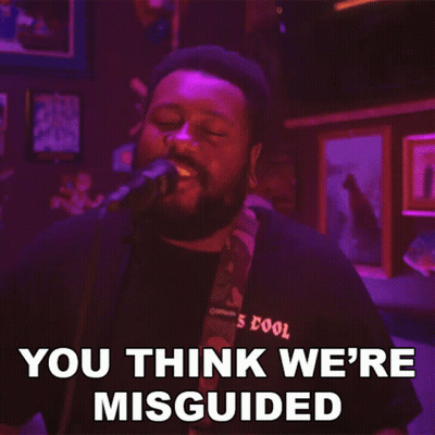 A Man Singing Into A Microphone With The Words " You Think We 'Re Misguided " Next To Him GIF