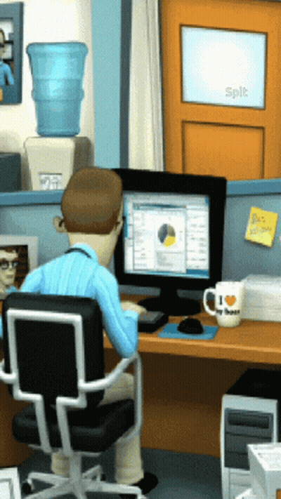 A Man Sits At A Desk With A Computer And A Mug That Says I Love You On It GIF