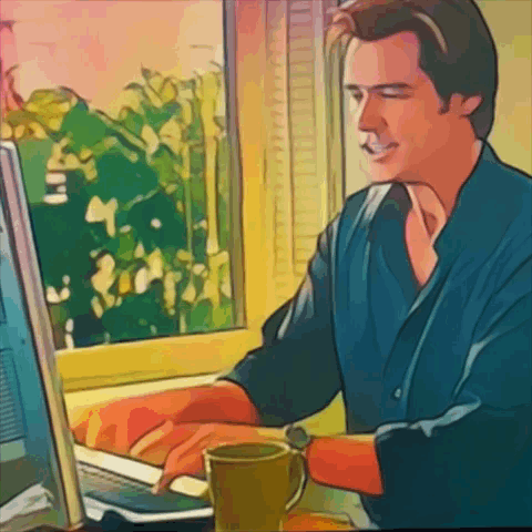 A Man Sits At A Desk With A Cup Of Coffee And A Computer GIF