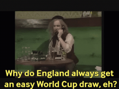 A Man Sits At A Table Talking On A Phone With The Words Why Do England Always Get An Easy World Cup Draw Eh GIF