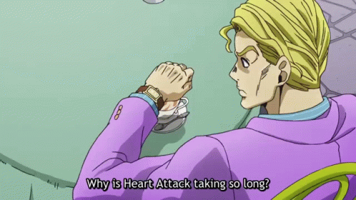 A Man Sits At A Table With A Watch On His Wrist And Says Why Is Heart Attack Taking So Long GIF