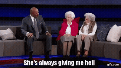 A Man Sits On A Couch With Two Older Women And Says She 'S Always Giving Me Hell On The Screen GIF