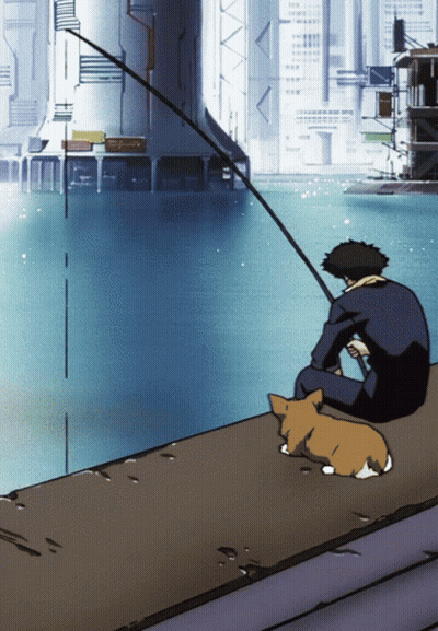 A Man Sits On A Dock Fishing With A Dog GIF