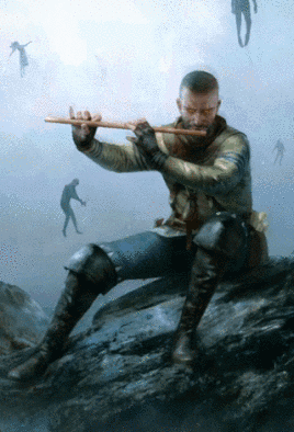 A Man Sits On A Rock Playing A Flute In A Painting GIF