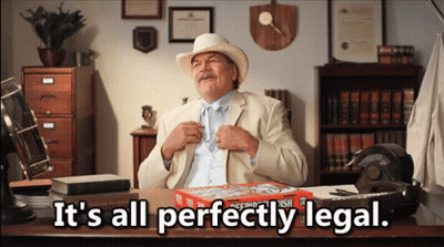 A Man Sitting At A Desk With A Box Of Pizza And The Words It 'S All Perfectly Legal On The Bottom GIF