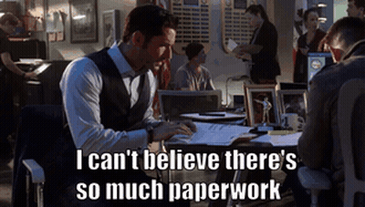 A Man Sitting At A Desk With The Words " I Can 'T Believe There 'S So Much Paperwork " GIF