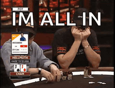 A Man Sitting At A Poker Table With The Words " Im All In " Above Him GIF