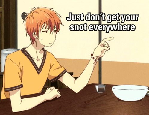 A Man Sitting At A Table Pointing At Something With The Words Just Do N't Get Your Snot Everywhere GIF