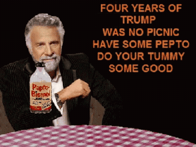 A Man Sitting At A Table With A Bottle Of Papto Bismol In His Hand GIF