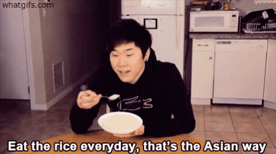 A Man Sitting At A Table With A Bowl Of Rice And The Words Eat The Rice Everyday GIF