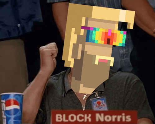 A Man Sitting At A Table With A Name Tag That Says Block Norris GIF