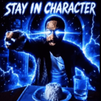 A Man Sitting At A Table With A Plate Of Food And A Glass Of Water With The Words " Stay In Character " Above Him GIF