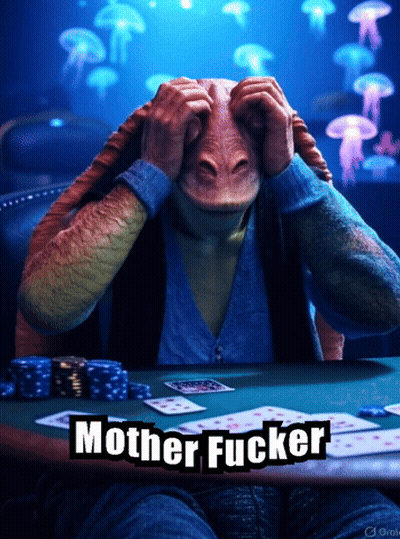 A Man Sitting At A Table With Cards And The Words Mother Fucker GIF