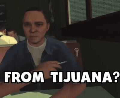 A Man Sitting At A Table With The Words From Tijuana Written Above Him GIF