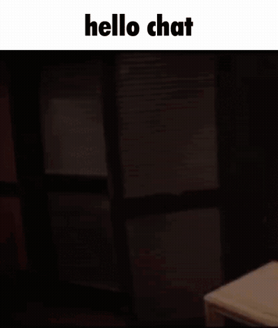 A Man Sitting At A Table With The Words Hello Chat On The Top GIF