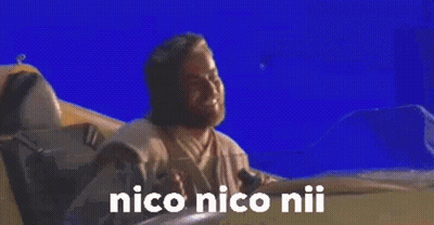 A Man Sitting In A Boat With The Words Nico Nico Niu Written On The Screen GIF
