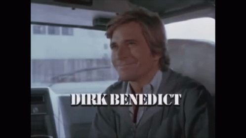 A Man Sitting In A Car With The Name Dirk Benedict On The Bottom GIF