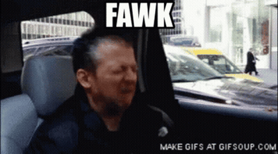 A Man Sitting In A Car With The Word Fawk On The Screen GIF