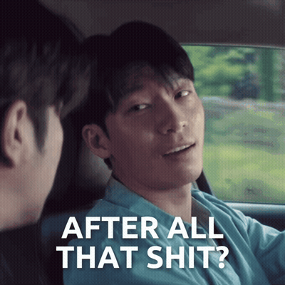 A Man Sitting In A Car With The Words After All That Shit Below Him GIF