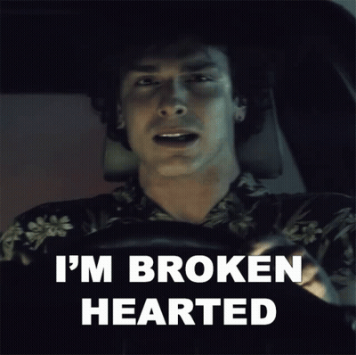 A Man Sitting In A Car With The Words I 'M Broken Hearted Behind Him GIF