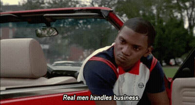 A Man Sitting In A Car With The Words Real Men Handles Business Above Him GIF