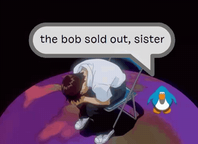 A Man Sitting In A Chair With A Speech Bubble Saying The Bob Sold Out Sister GIF