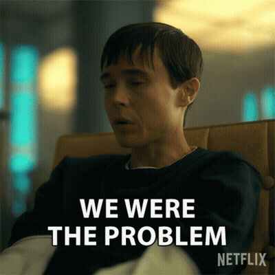 A Man Sitting In A Chair With His Eyes Closed And The Words We Were The Problem Written Below Him GIF