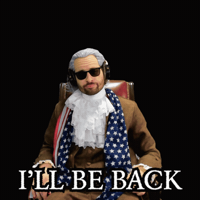 A Man Sitting In A Chair With The Words " I 'Ll Be Back " On The Bottom GIF