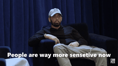 A Man Sitting In A Chair With The Words People Are Way More Sensitive Now On The Bottom GIF