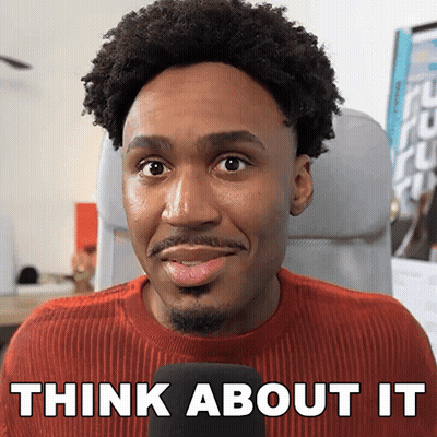 A Man Sitting In A Chair With The Words Think About It On The Bottom GIF