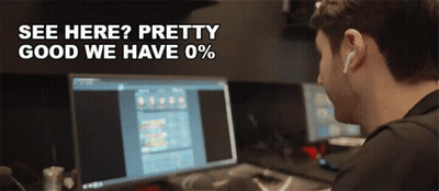 A Man Sitting In Front Of A Computer Screen With The Words See Here Pretty Good We Have 0 % GIF