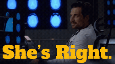 A Man Sitting In Front Of A Computer Screen With The Words She 'S Right Written In Yellow GIF