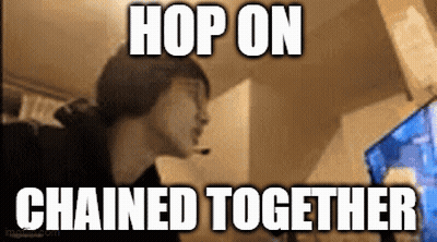 A Man Sitting In Front Of A Computer With The Words Hop On Chained Together Written On The Screen GIF