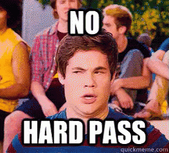 A Man Sitting In Front Of A Group Of People With The Words No Hard Pass Written On His Face GIF