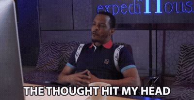 A Man Sitting In Front Of A Laptop With The Words " The Thought Hit My Head " Above Him GIF