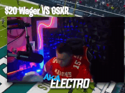 A Man Sitting In Front Of A Microphone With The Words $ 20 Wager Vs Gsxr On The Bottom GIF
