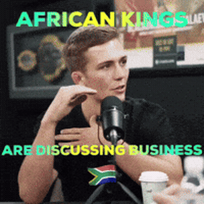 A Man Sitting In Front Of A Microphone With The Words African Kings Are Discussing Business GIF