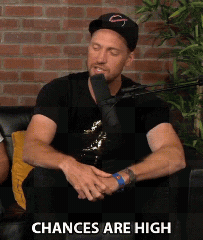 A Man Sitting In Front Of A Microphone With The Words " Chances Are High " Written Below Him GIF