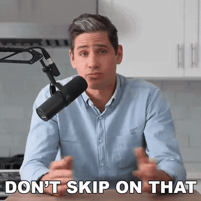 A Man Sitting In Front Of A Microphone With The Words " Don 'T Skip On That " Below Him GIF