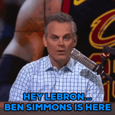 A Man Sitting In Front Of A Microphone With The Words Hey Lebron Ben Simmons Is Here Below Him GIF