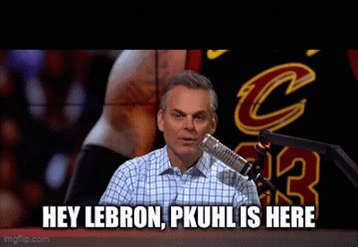 A Man Sitting In Front Of A Microphone With The Words Hey Lebron Pkuhl Is Here GIF