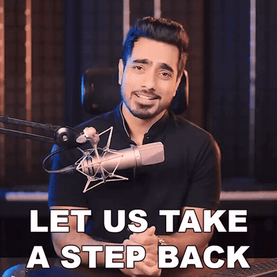 A Man Sitting In Front Of A Microphone With The Words Let Us Take A Step Back Above Him GIF