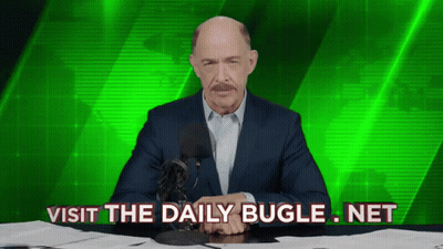 A Man Sitting In Front Of A Microphone With The Words Visit The Daily Bugle Net GIF