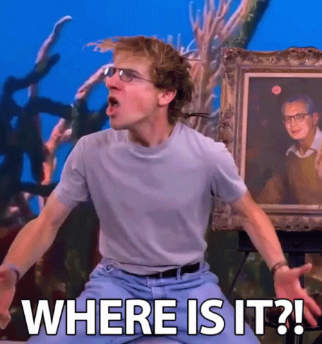 A Man Sitting In Front Of A Painting With The Words " Where Is It " GIF