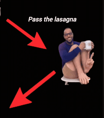A Man Sitting Next To A Pan Of Lasagna With The Words Pass The Lasagna Below Him GIF
