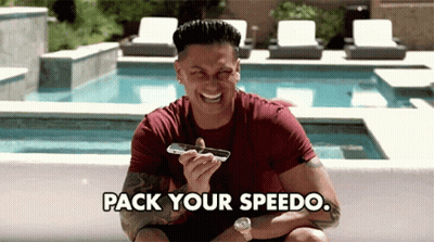 A Man Sitting Next To A Pool With The Words Pack Your Speedo Written Below Him GIF