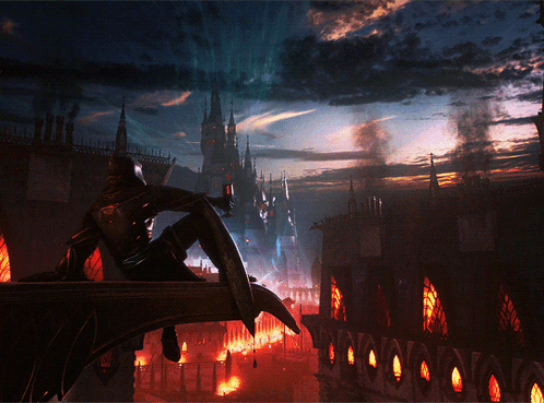 A Man Sitting On A Balcony With A Sword And Shield In Front Of A Burning Castle GIF