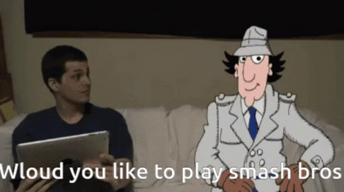 A Man Sitting On A Couch Talking To A Cartoon Character Who Says " Wloud You Like To Play Smash Bros " GIF